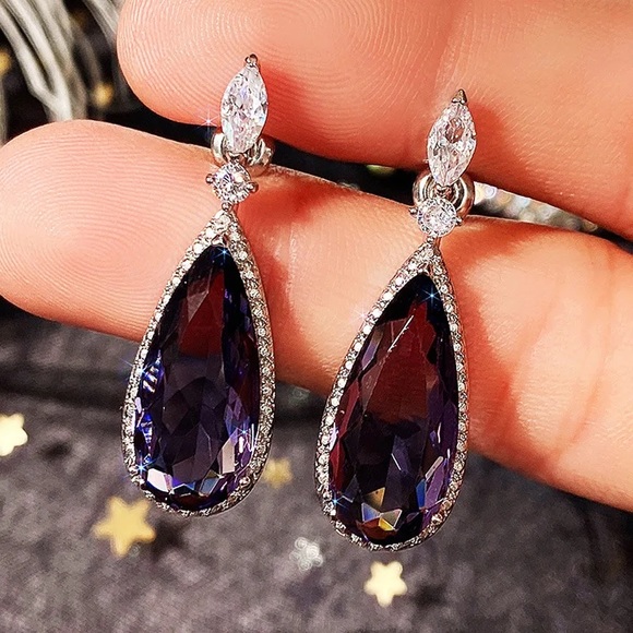 💜Silver Purple Amethyst  Water Drop Earrings - Picture 2 of 6